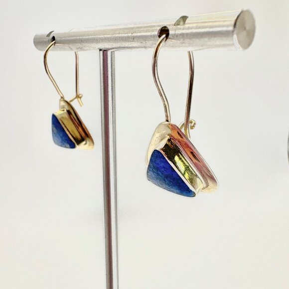 VTG Sterling Silver 925 Lapis Lazuli Triangle Cut Dangle Earrings 1.25" Length - Picture 4 of 10